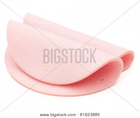 cooked boiled ham sausage or rolled bologna slices isolated on white background cutout