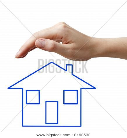 Hand mit blau Konzept hause