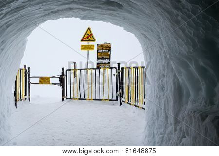 Vallee blanche sign at  the station of the Aiguille du Midi in Chamonix