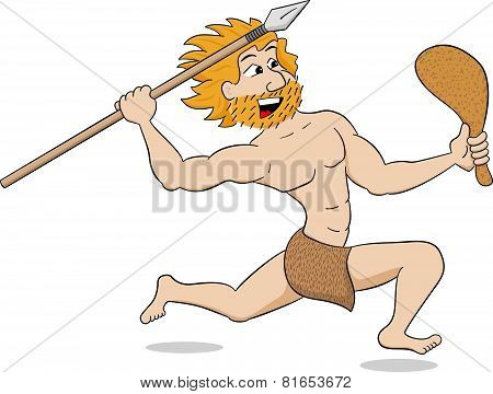 Caveman Hunting With Spear And Mace