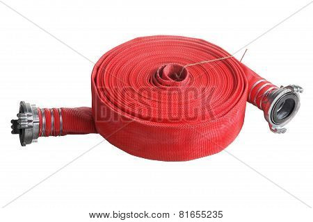 Rolled Up Red Fire Hose  Extension Soft Pipe On White