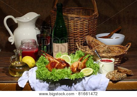 Has Sung Submitted With Wine, Cowberry Sauce And Leaves Of Fresh Salad