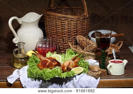 Has Sung Submitted With Wine, Cowberry Sauce And Leaves Of Fresh Salad
