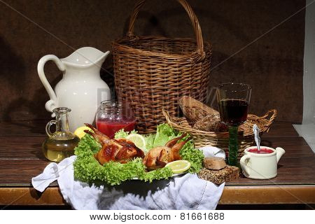 Has Sung Submitted With Wine, Cowberry Sauce And Leaves Of Fresh Salad