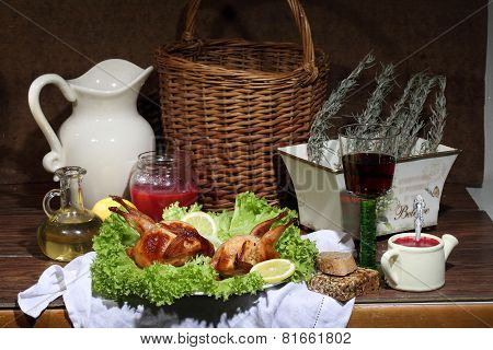 Has Sung Submitted With Wine, Cowberry Sauce And Leaves Of Fresh Salad