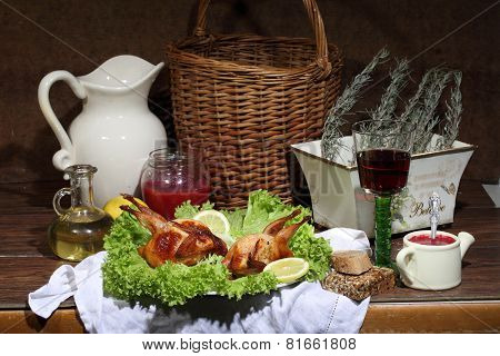 Has Sung Submitted With Wine, Cowberry Sauce And Leaves Of Fresh Salad