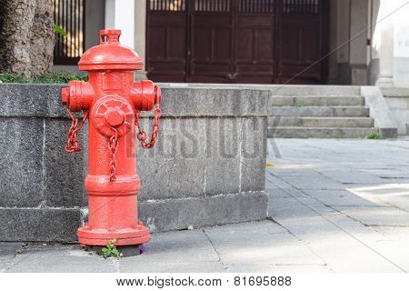 Red Fireplug Standing On Footpath