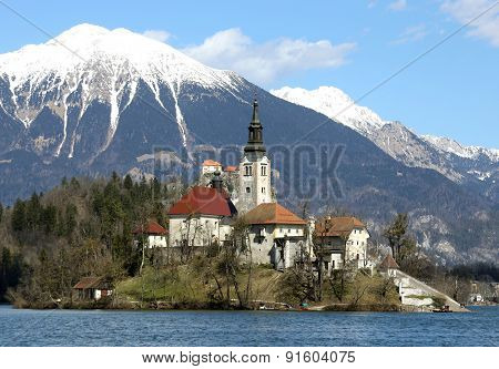 Island Of Lake Bled In Slovenia And The Snowy Mountains