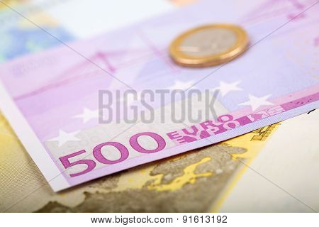 Closeup Of Euro Banknotes And Coins