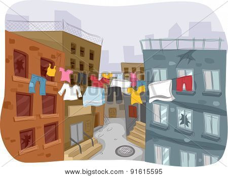 Illustration of a Ghetto with Clothes Hanging from a Clothesline in Plain Sight