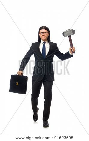 Handsome businessman holding hammer and case isolated on white