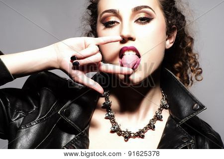 Fashionable Cool Young Woman In Leather Jacket