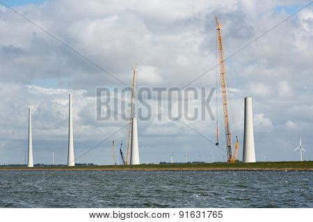 Dutch Construction Site Building Wind Turbines Seen From The Sea
