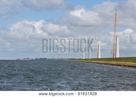 Dutch Construction Site Building Wind Turbines Seen From The Sea