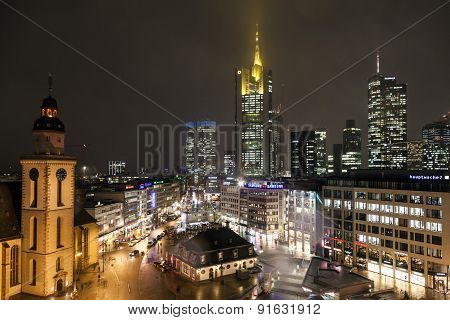 View To Skyline Of Frankfurt With Hauptwache And Skyscraper By Night