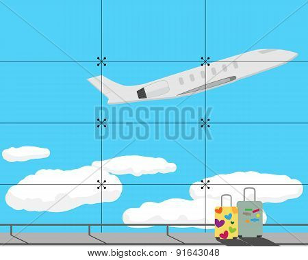 Veiw from window airport sky and the plane. Vector illustration
