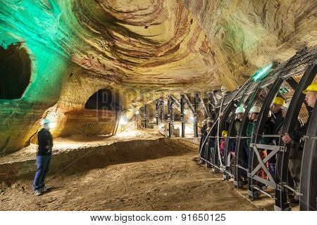 People Visit The Famous Schlossberghoehle Of Sandstone In Homberg
