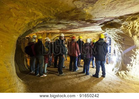 People Visit The Famous Schlossberghoehle Of Sandstone In Homberg