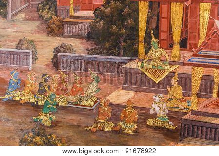 Mural Paintings at Wat Phrakaew in Bangkok, Thailand