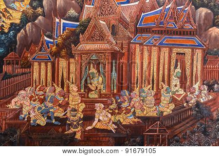 Mural Paintings at Wat Phrakaew in Bangkok, Thailand