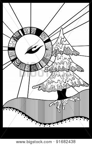 Ornamental landscape with fir tree, sun and bird
