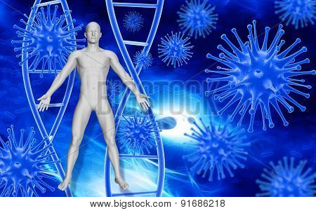 Medical background with abstract 3D virus cells, blood cells and male figure