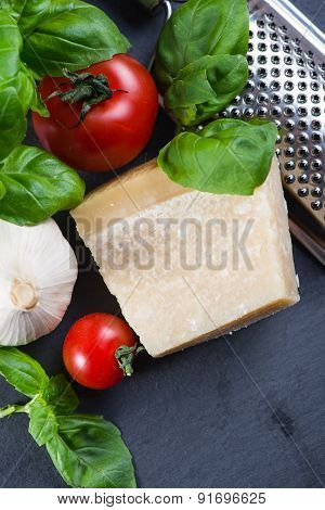 Selection Of Italian Tipical Food On Black Background From Above