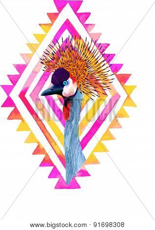 Vector Illustration Of Crowned Crane With Geometric Background.