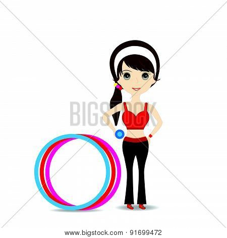 Woman Exercising In Sport Outfit Holding Dumbbell With Hulahoop