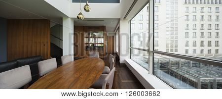 Open Plan Living Room Of A Luxury Duplex Apartment.panorama