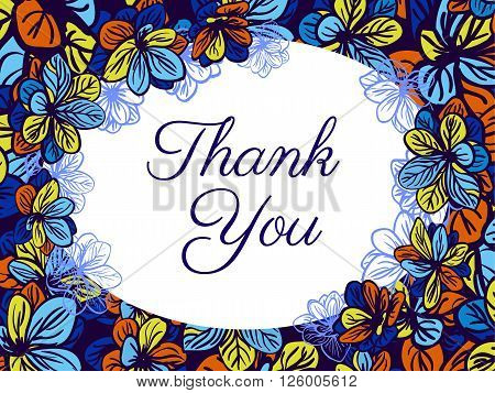 Thank you card with colourful flowers. Wedding invitation. Greeting card template with cute colorful flowers