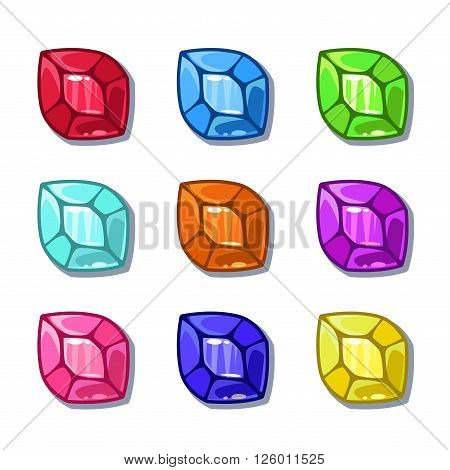 Funny cartoon colorful gems set, vector GUI assets, isolated on white