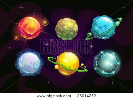 Elemental planets, fantasy space set, vector illustration