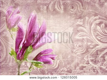 Antique wall in grunge style with meander capitals friezes and flower magnolia. Art deco figures carved on stone as decoration on a facade building. Fragment of ornate relief with magnolia flower.