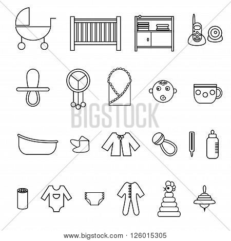 Outline flat web icon set. Baby equpment toys feeding and care