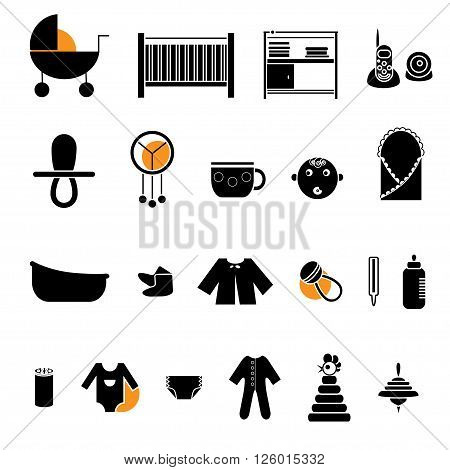Flat web icon set. Baby equpment toys feeding and care