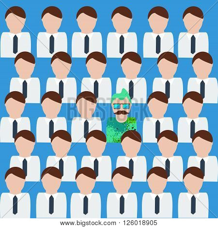 Inspiring vector illustration. Creative unique man among office men