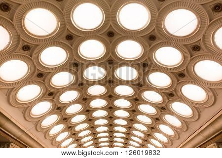 MOSCOW - MARCH 3: Closeup of the ceiling lighting caissons of the Elektrozavodskaya metro station on March 3, 2016 in Moscow. It is one of the most spectacular stations of the Moscow subway.