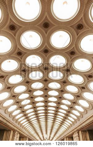 MOSCOW - MARCH 3: Closeup of the ceiling lighting caissons of the Elektrozavodskaya metro station on March 3, 2016 in Moscow. It is one of the most spectacular stations of the Moscow subway.