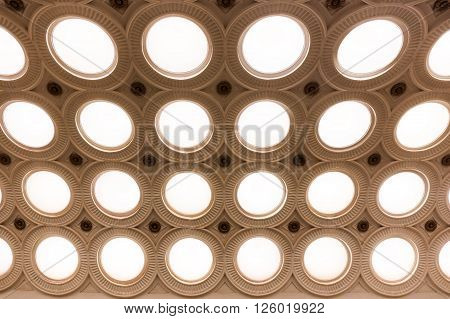 MOSCOW - MARCH 3: Closeup of the ceiling lighting caissons of the Elektrozavodskaya metro station on March 3, 2016 in Moscow. It is one of the most spectacular stations of the Moscow subway.