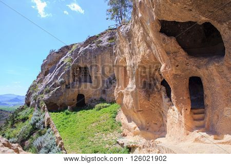 View of the Villaggio Bizantino also called the village in the rock Calascibetta. Sicily