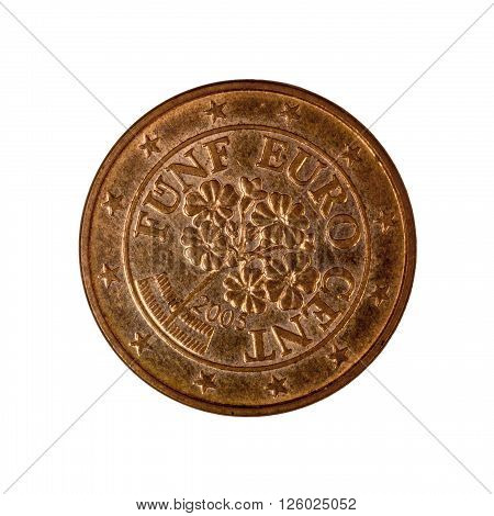 Coin 5 cents Austria. Isolated on white background.