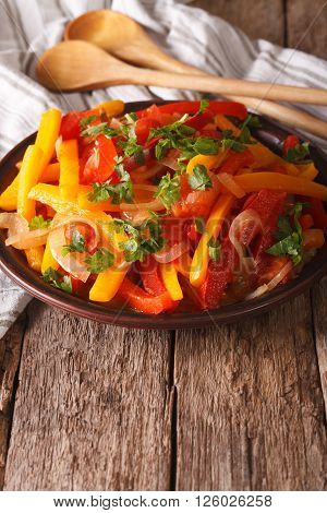 Piperade: Peppers With Tomatoes And Onions Close Up. Vertical