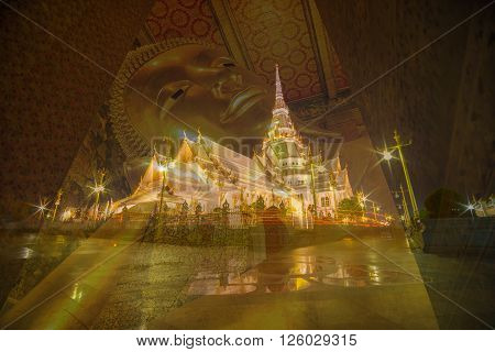 Double exposure of buddha statue and beautiful chapel.