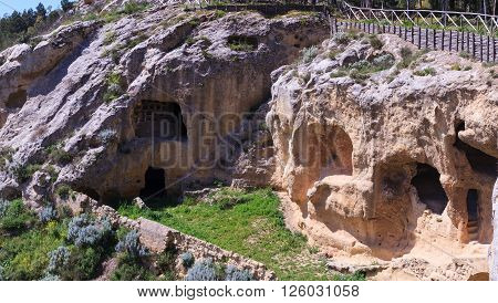View of the Villaggio Bizantino also called the village in the rock Calascibetta. Sicily