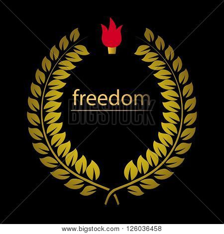 Gold wreath freedom and cresset over black. Vector illustration of wreath of golden leaves on black background.