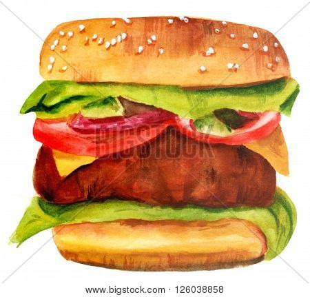 A watercolor drawing of a hamburger with sesame bun lettuce red onion tomato cheese and a large patty hand painted on white background