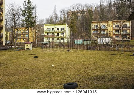 ZAKOPANE POLAND - MARCH 08 2016: Complex of residential buildings at the housing estate at Bulwary Slowackiego built in 1958 by the project of J. Dajewski