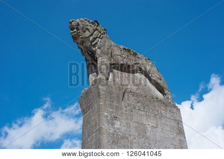 Lion and pigeons on a tower in Remscheid Germany