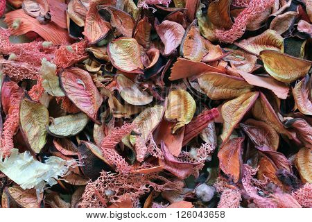 Vintage background texture of dry leaves piled pink.